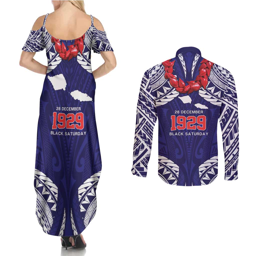 Samoa Black Saturday Couples Matching Summer Maxi Dress and Long Sleeve Button Shirt Samoa mo Samoa with Blue Ula Fala