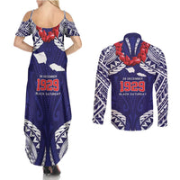 Samoa Black Saturday Couples Matching Summer Maxi Dress and Long Sleeve Button Shirt Samoa mo Samoa with Blue Ula Fala