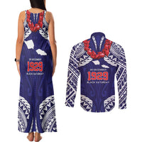Samoa Black Saturday Couples Matching Tank Maxi Dress and Long Sleeve Button Shirt Samoa mo Samoa with Blue Ula Fala