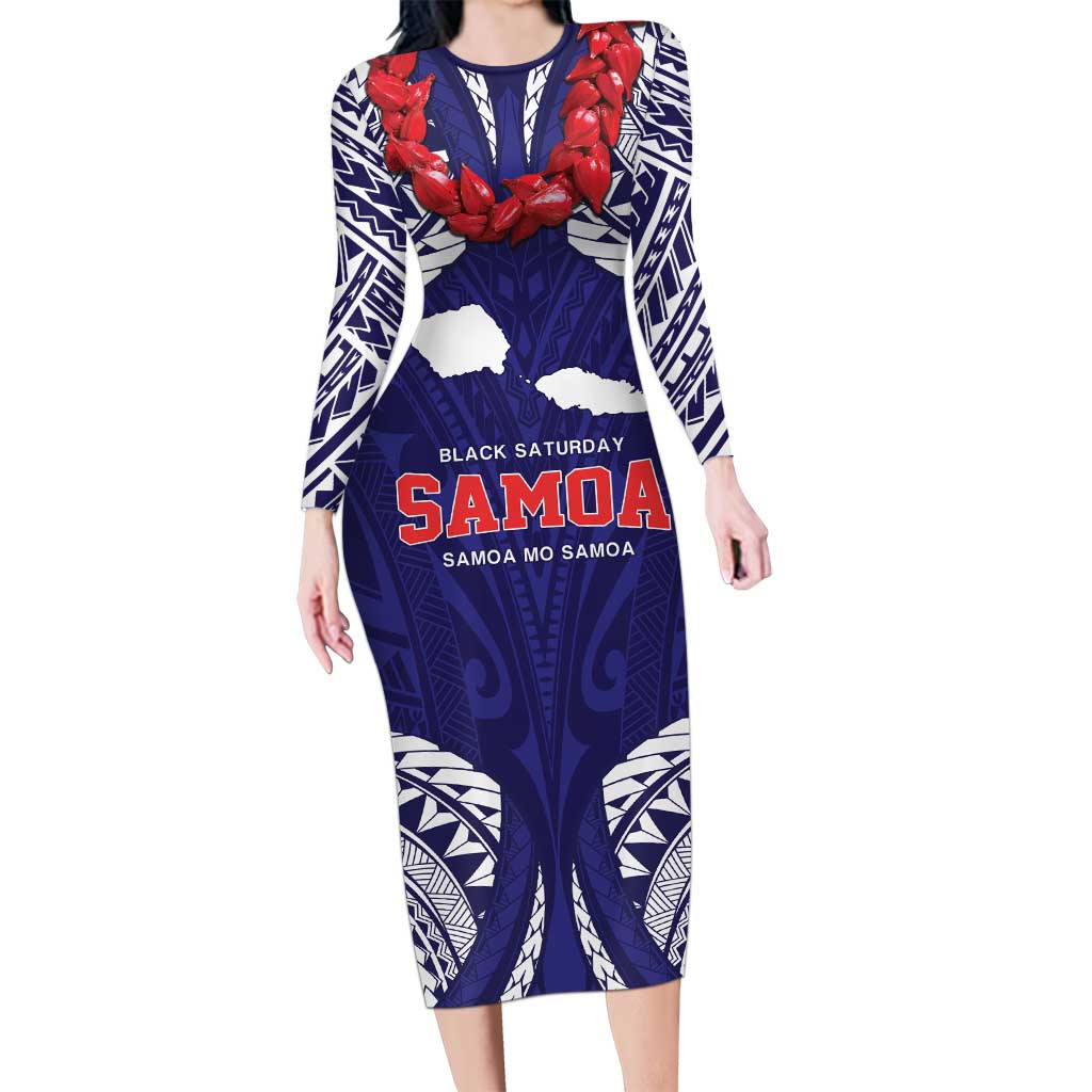 Samoa Black Saturday Family Matching Long Sleeve Bodycon Dress and Hawaiian Shirt Samoa mo Samoa with Blue Ula Fala LT9 Mom's Dress Blue - Polynesian Pride