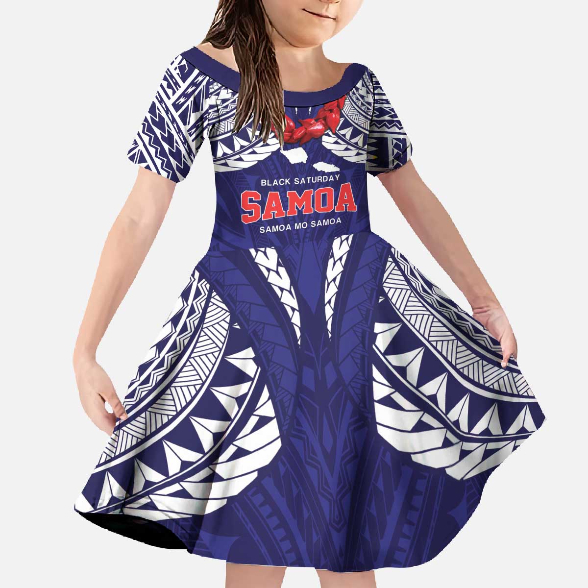 Samoa Black Saturday Family Matching Off The Shoulder Long Sleeve Dress and Hawaiian Shirt Samoa mo Samoa with Blue Ula Fala LT9 Daughter's Dress Blue - Polynesian Pride
