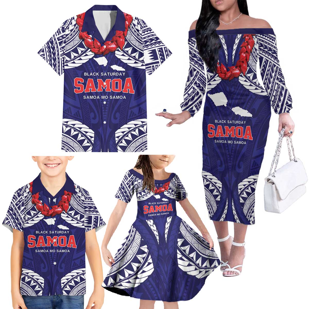 Samoa Black Saturday Family Matching Off The Shoulder Long Sleeve Dress and Hawaiian Shirt Samoa mo Samoa with Blue Ula Fala LT9 - Polynesian Pride