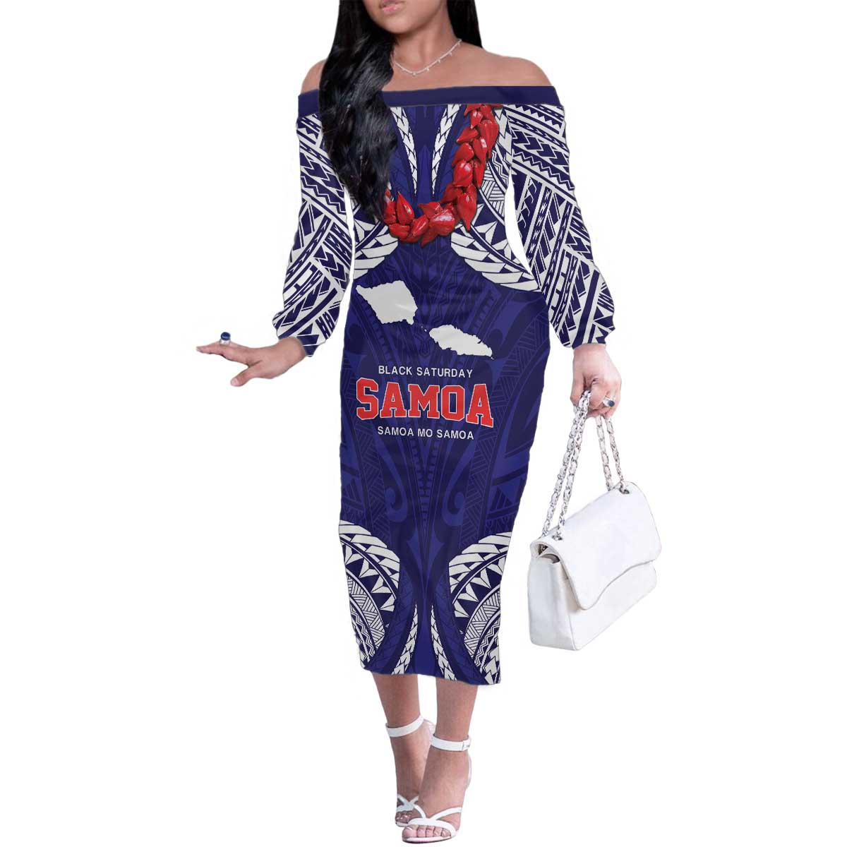 Samoa Black Saturday Family Matching Off The Shoulder Long Sleeve Dress and Hawaiian Shirt Samoa mo Samoa with Blue Ula Fala LT9 Mom's Dress Blue - Polynesian Pride