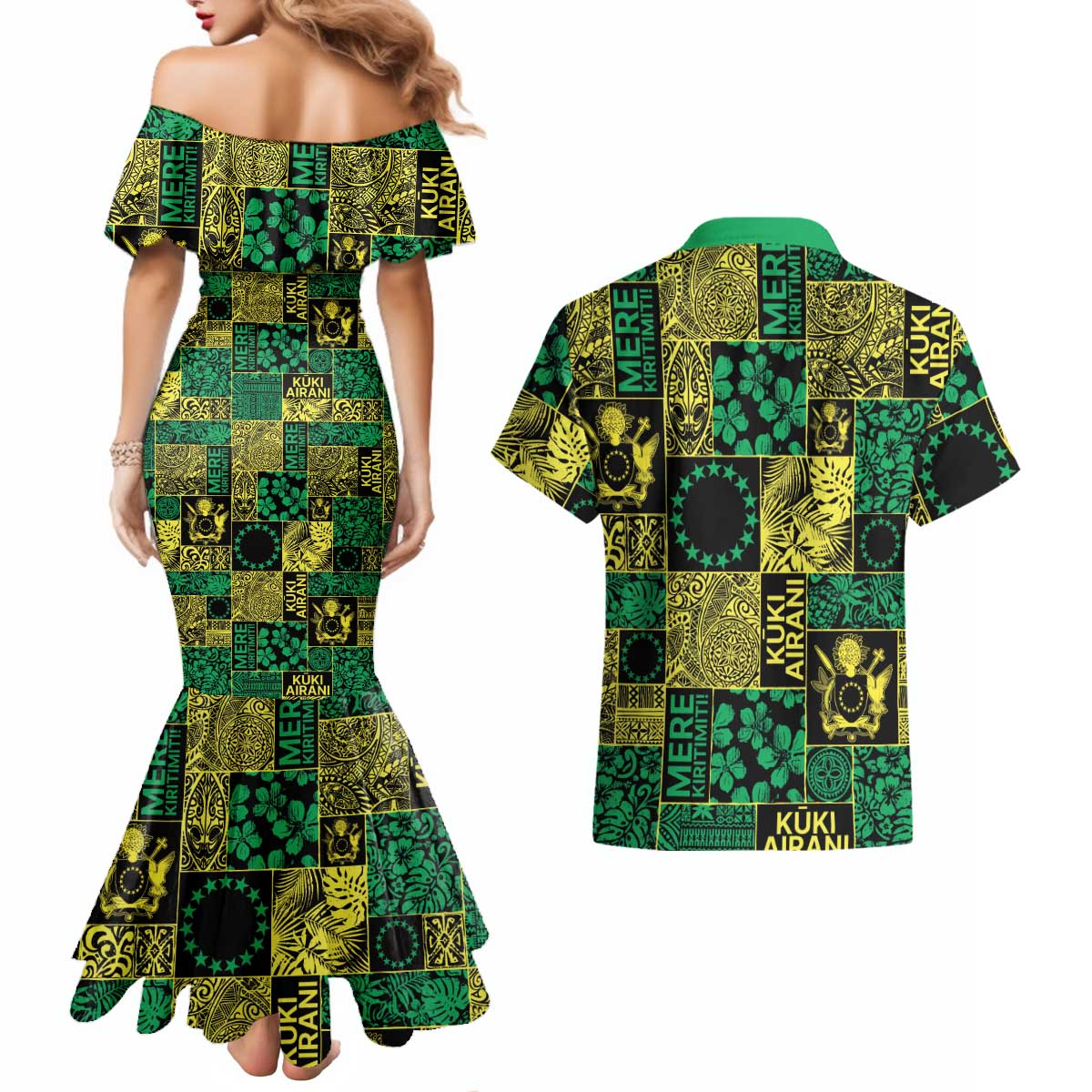 Cook Islands Mere Kiritimiti Couples Matching Mermaid Dress and Hawaiian Shirt Pacific Patchwork Xmas Vibes - Polynesian Pride