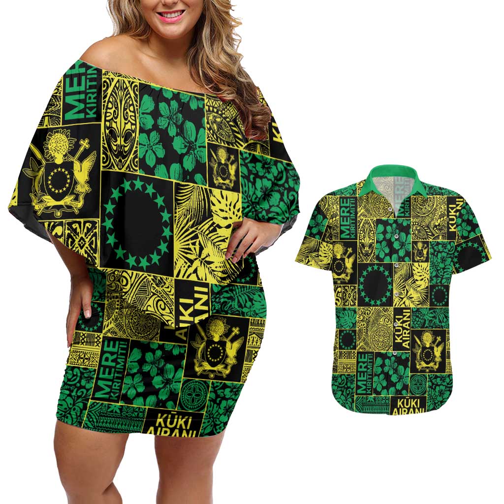 Cook Islands Mere Kiritimiti Couples Matching Off Shoulder Short Dress and Hawaiian Shirt Pacific Patchwork Xmas Vibes LT9 Green - Polynesian Pride