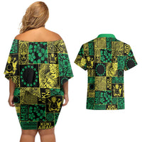 Cook Islands Mere Kiritimiti Couples Matching Off Shoulder Short Dress and Hawaiian Shirt Pacific Patchwork Xmas Vibes LT9 - Polynesian Pride