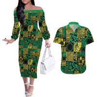 Cook Islands Mere Kiritimiti Couples Matching Off The Shoulder Long Sleeve Dress and Hawaiian Shirt Pacific Patchwork Xmas Vibes LT9 Green - Polynesian Pride
