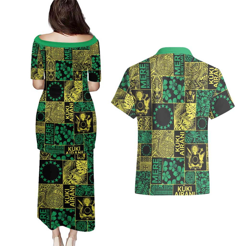 Cook Islands Mere Kiritimiti Couples Matching Puletasi and Hawaiian Shirt Pacific Patchwork Xmas Vibes - Polynesian Pride