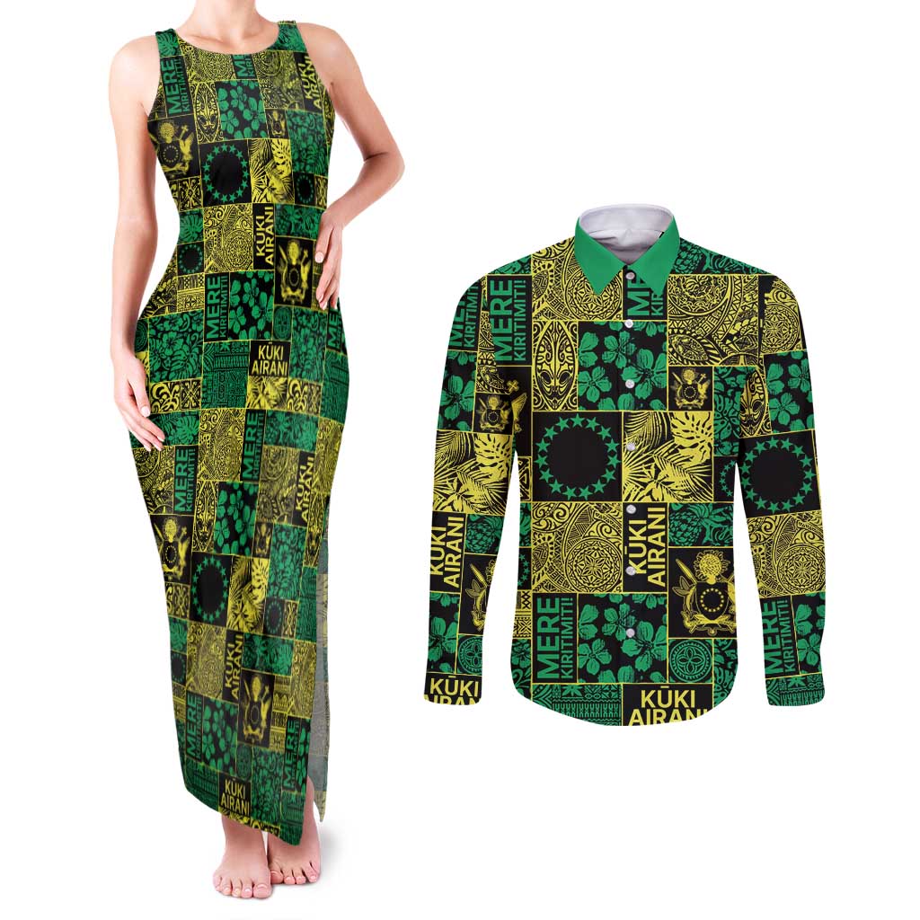 Cook Islands Mere Kiritimiti Couples Matching Tank Maxi Dress and Long Sleeve Button Shirt Pacific Patchwork Xmas Vibes - Polynesian Pride