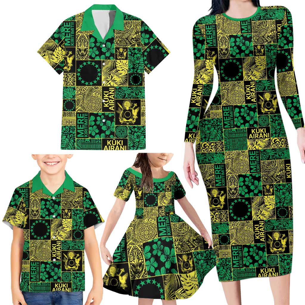 Cook Islands Mere Kiritimiti Family Matching Long Sleeve Bodycon Dress and Hawaiian Shirt Pacific Patchwork Xmas Vibes - Polynesian Pride