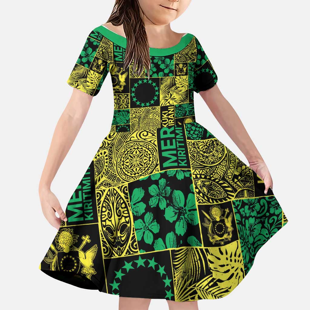 Cook Islands Mere Kiritimiti Family Matching Off The Shoulder Long Sleeve Dress and Hawaiian Shirt Pacific Patchwork Xmas Vibes LT9 Daughter's Dress Green - Polynesian Pride