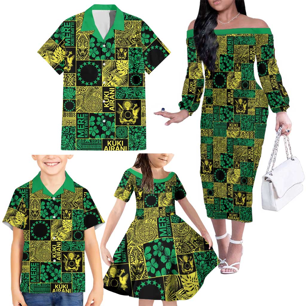 Cook Islands Mere Kiritimiti Family Matching Off The Shoulder Long Sleeve Dress and Hawaiian Shirt Pacific Patchwork Xmas Vibes LT9 - Polynesian Pride