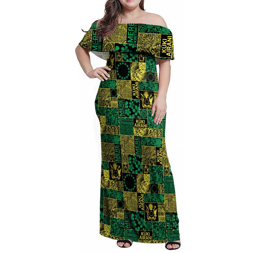 Cook Islands Mere Kiritimiti Family Matching Off Shoulder Maxi Dress and Hawaiian Shirt Pacific Patchwork Xmas Vibes LT9 Mom's Dress Green - Polynesian Pride
