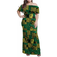 Cook Islands Mere Kiritimiti Family Matching Off Shoulder Maxi Dress and Hawaiian Shirt Pacific Patchwork Xmas Vibes LT9 Mom's Dress Green - Polynesian Pride