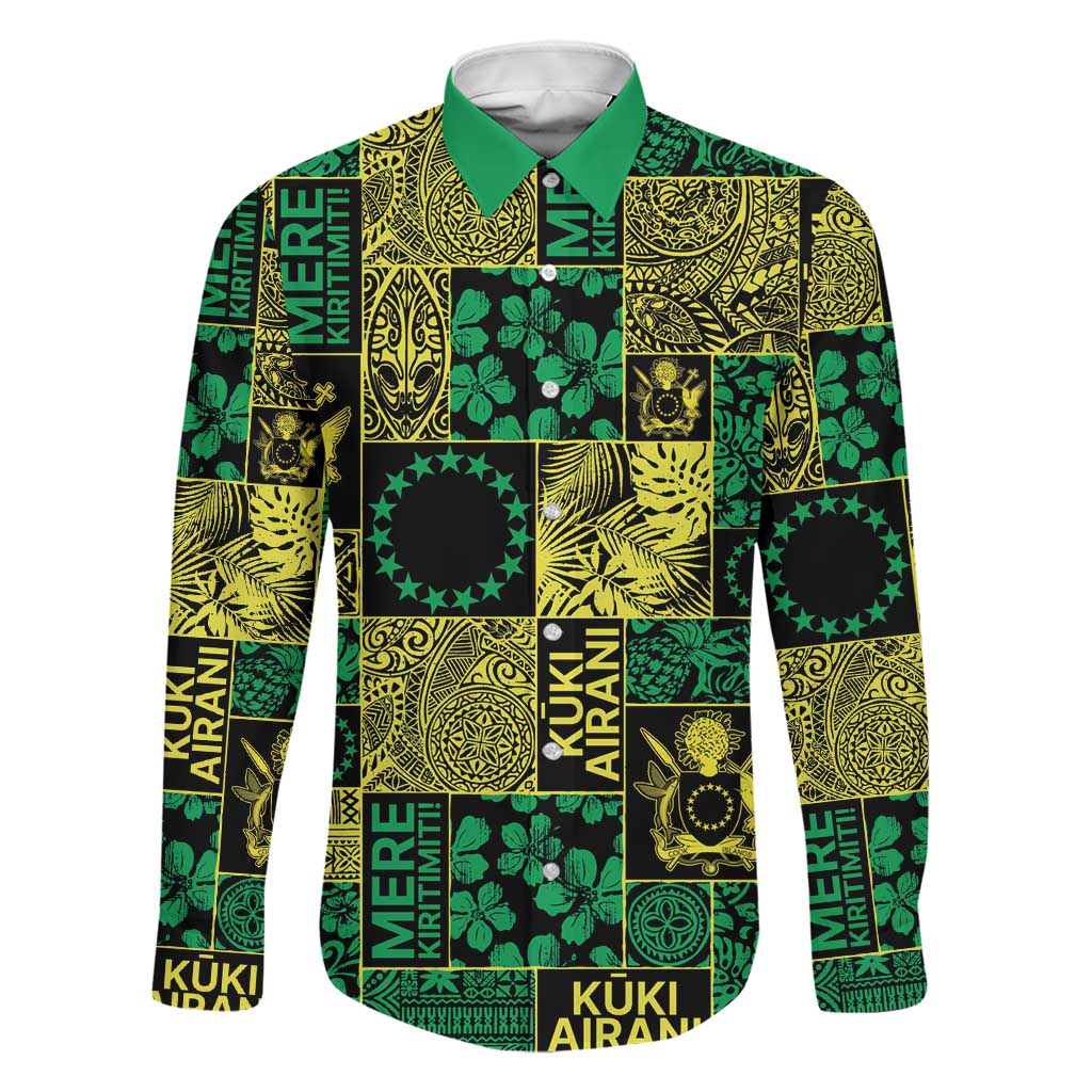 Cook Islands Mere Kiritimiti Family Matching Tank Maxi Dress and Hawaiian Shirt Pacific Patchwork Xmas Vibes LT9 Dad's Shirt - Long Sleeve Green - Polynesian Pride