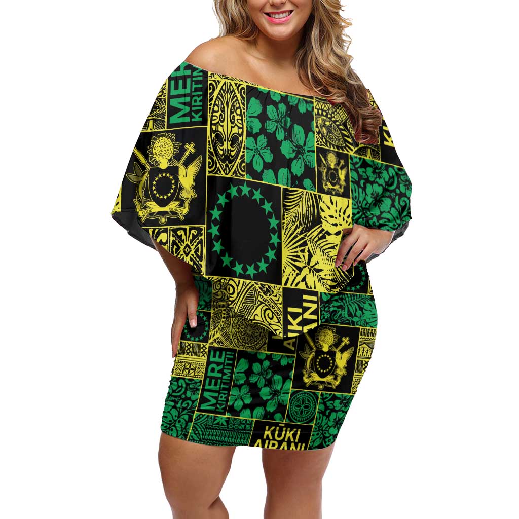 Cook Islands Mere Kiritimiti Off Shoulder Short Dress Pacific Patchwork Xmas Vibes LT9 Women Green - Polynesian Pride