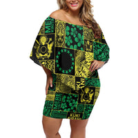 Cook Islands Mere Kiritimiti Off Shoulder Short Dress Pacific Patchwork Xmas Vibes LT9 Women Green - Polynesian Pride