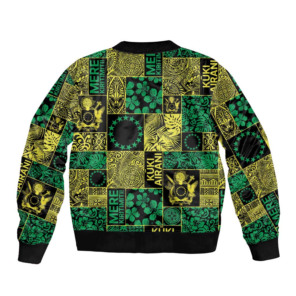 Cook Islands Mere Kiritimiti Sleeve Zip Bomber Jacket Pacific Patchwork Xmas Vibes - Polynesian Pride