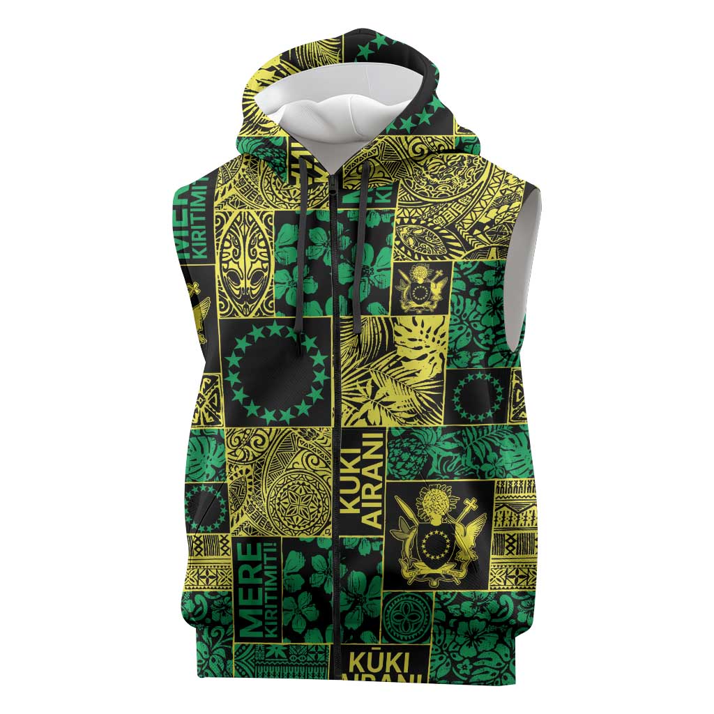 Cook Islands Mere Kiritimiti Sleeveless Zip Hoodie Pacific Patchwork Xmas Vibes - Polynesian Pride