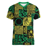 Cook Islands Mere Kiritimiti Women V-Neck T-Shirt Pacific Patchwork Xmas Vibes LT9 Female Green - Polynesian Pride