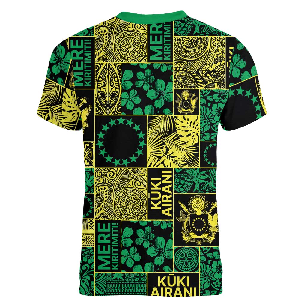 Cook Islands Mere Kiritimiti Women V-Neck T-Shirt Pacific Patchwork Xmas Vibes LT9 - Polynesian Pride