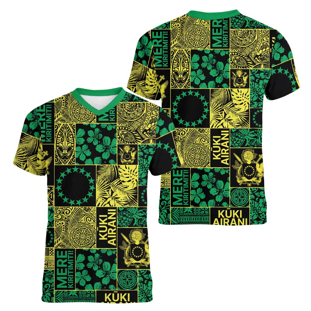 Cook Islands Mere Kiritimiti Women V-Neck T-Shirt Pacific Patchwork Xmas Vibes LT9 - Polynesian Pride