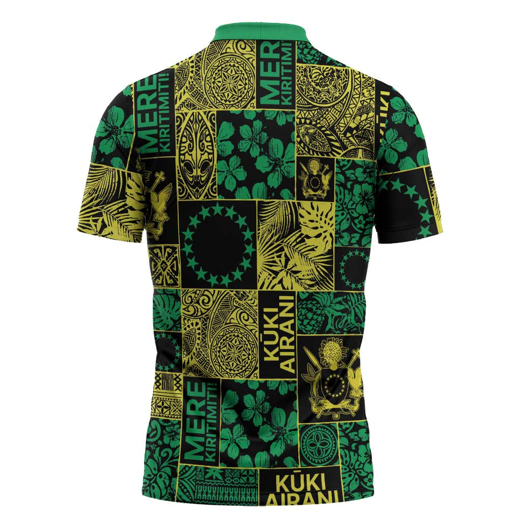 Cook Islands Mere Kiritimiti Zipper Polo Shirt Pacific Patchwork Xmas Vibes - Polynesian Pride
