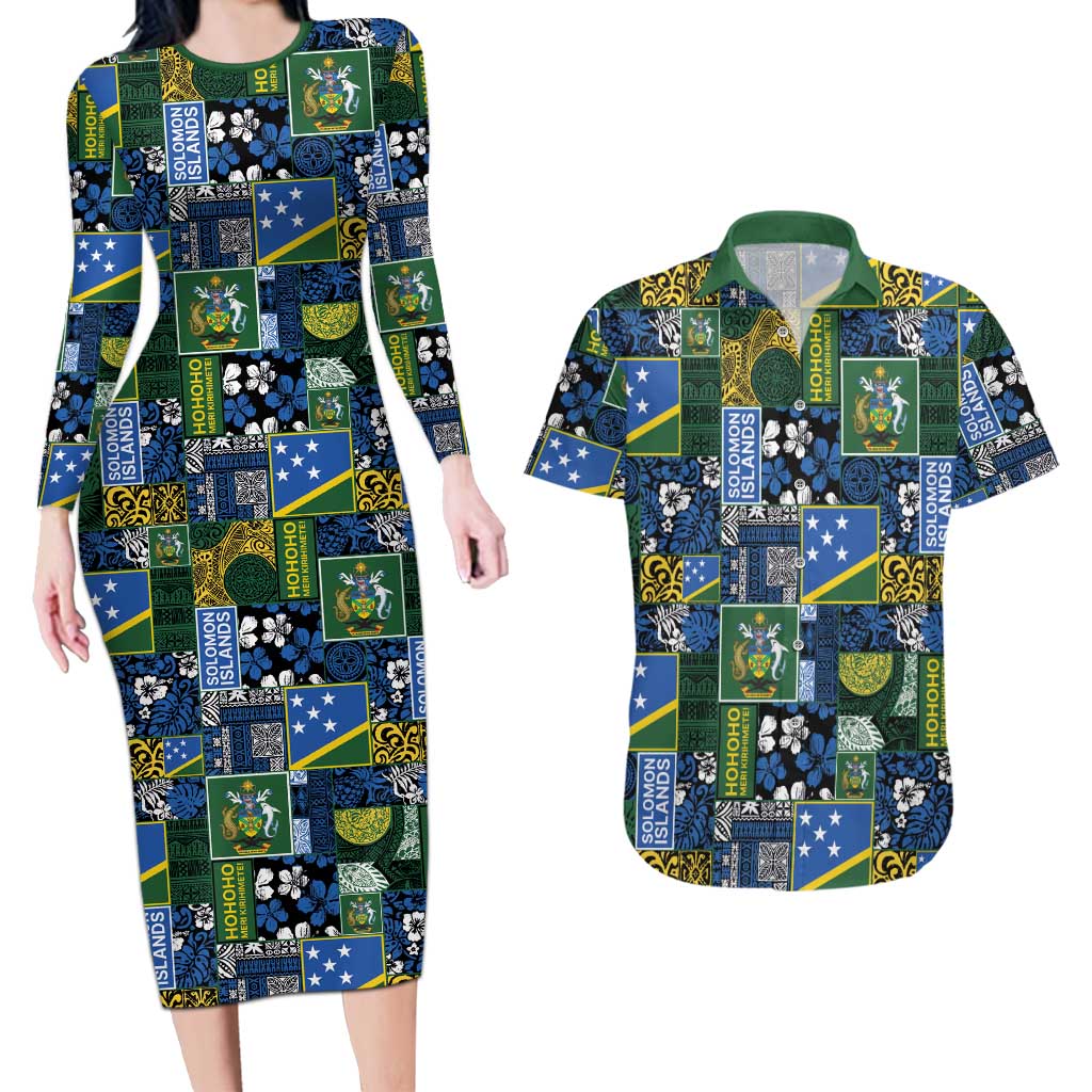 Solomon Islands Meri Kirihimete Couples Matching Long Sleeve Bodycon Dress and Hawaiian Shirt Pacific Patchwork Xmas Vibes LT9 Blue - Polynesian Pride