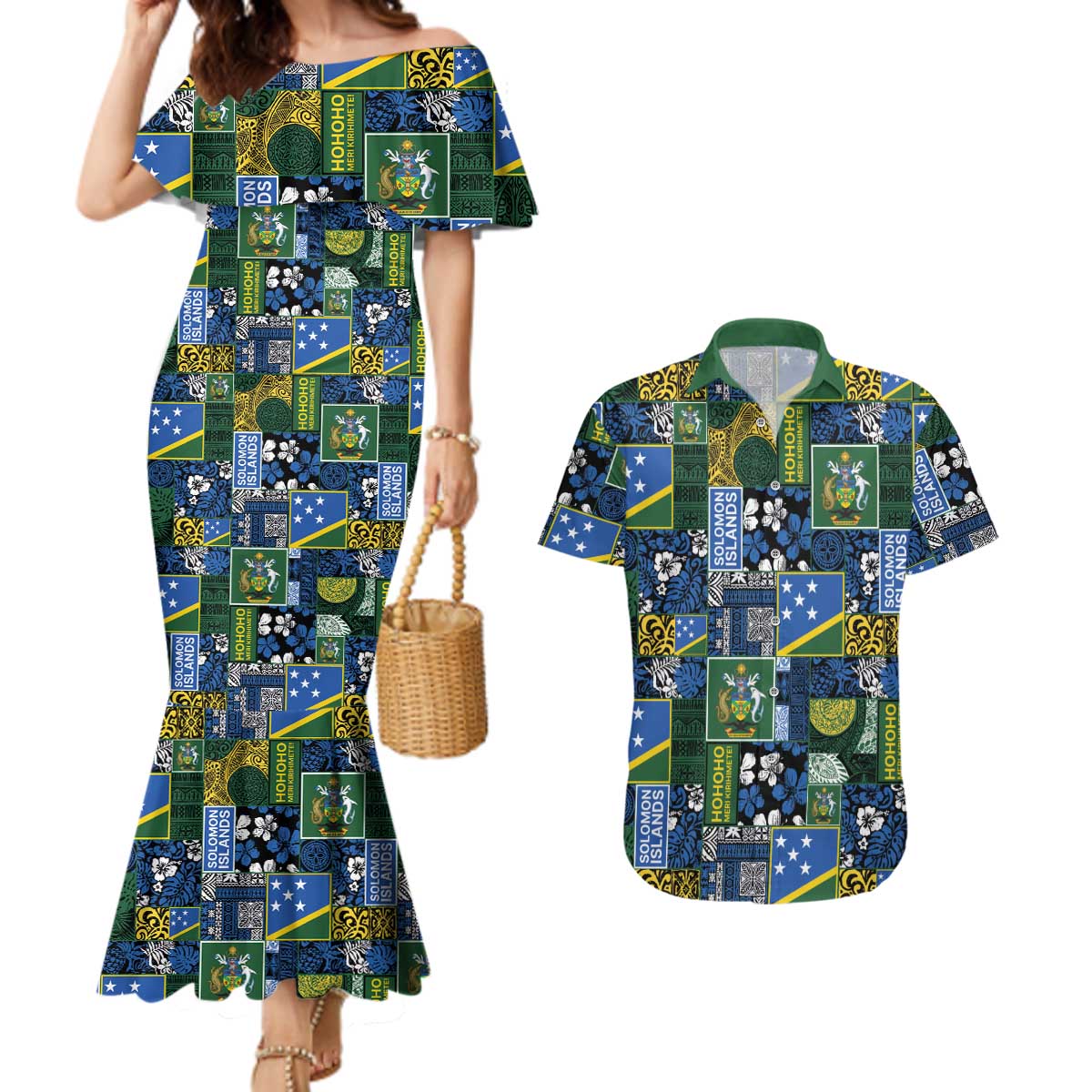 Solomon Islands Meri Kirihimete Couples Matching Mermaid Dress and Hawaiian Shirt Pacific Patchwork Xmas Vibes LT9 Blue - Polynesian Pride
