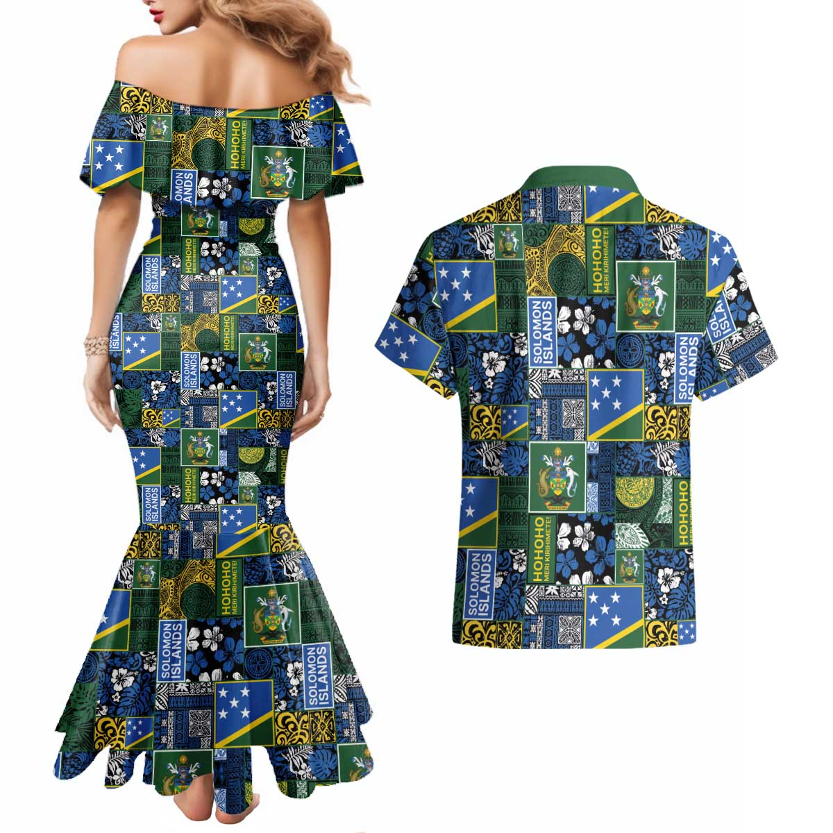 Solomon Islands Meri Kirihimete Couples Matching Mermaid Dress and Hawaiian Shirt Pacific Patchwork Xmas Vibes LT9 - Polynesian Pride