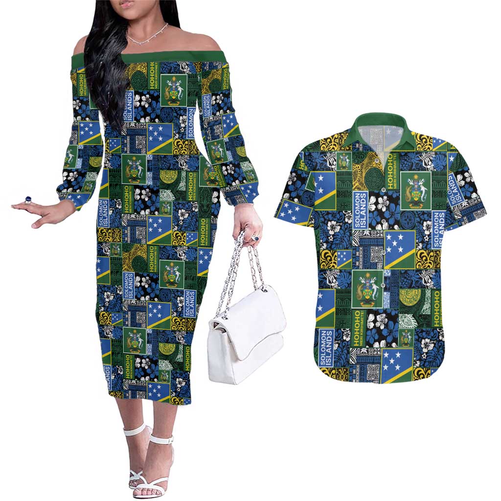 Solomon Islands Meri Kirihimete Couples Matching Off The Shoulder Long Sleeve Dress and Hawaiian Shirt Pacific Patchwork Xmas Vibes LT9 Blue - Polynesian Pride