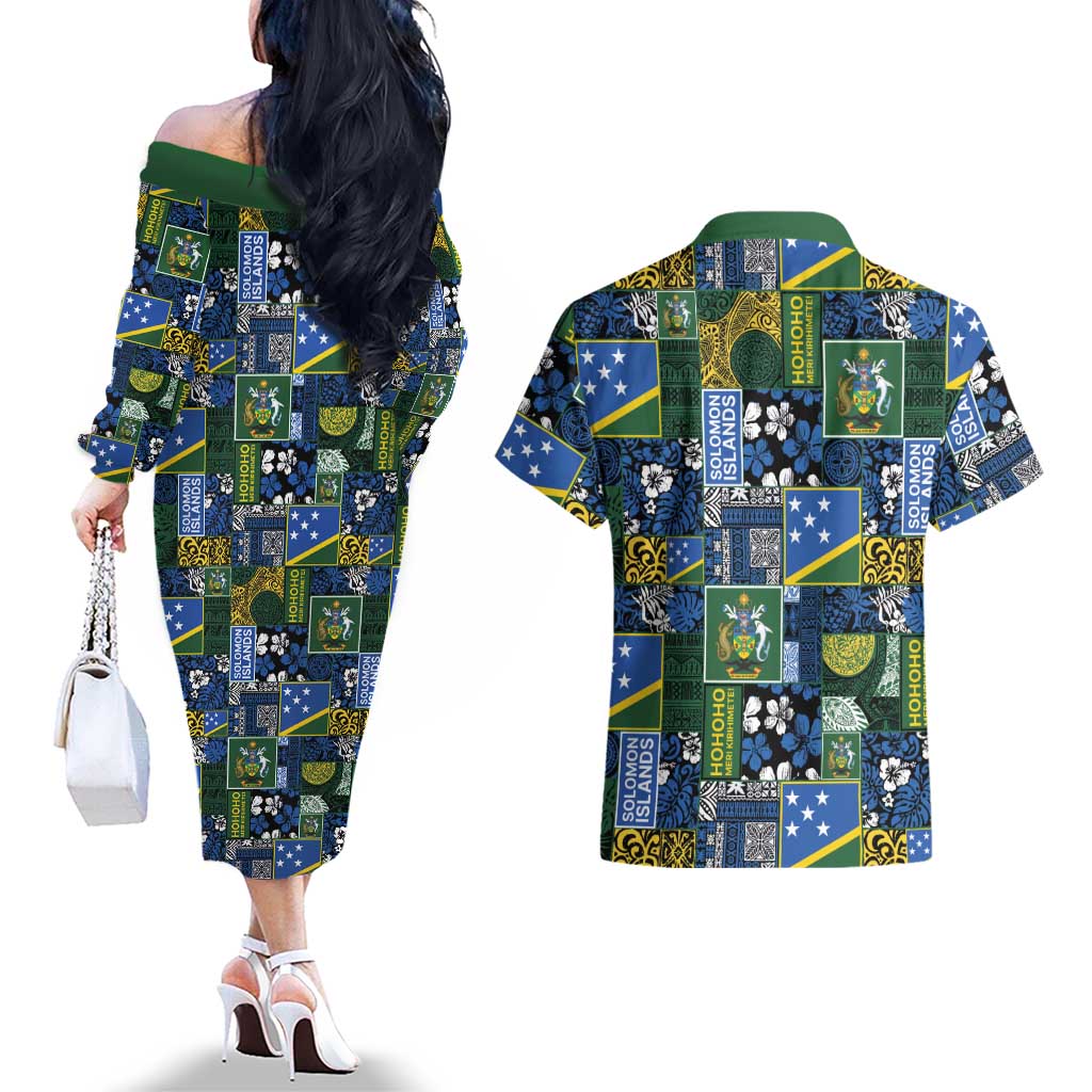 Solomon Islands Meri Kirihimete Couples Matching Off The Shoulder Long Sleeve Dress and Hawaiian Shirt Pacific Patchwork Xmas Vibes LT9 - Polynesian Pride