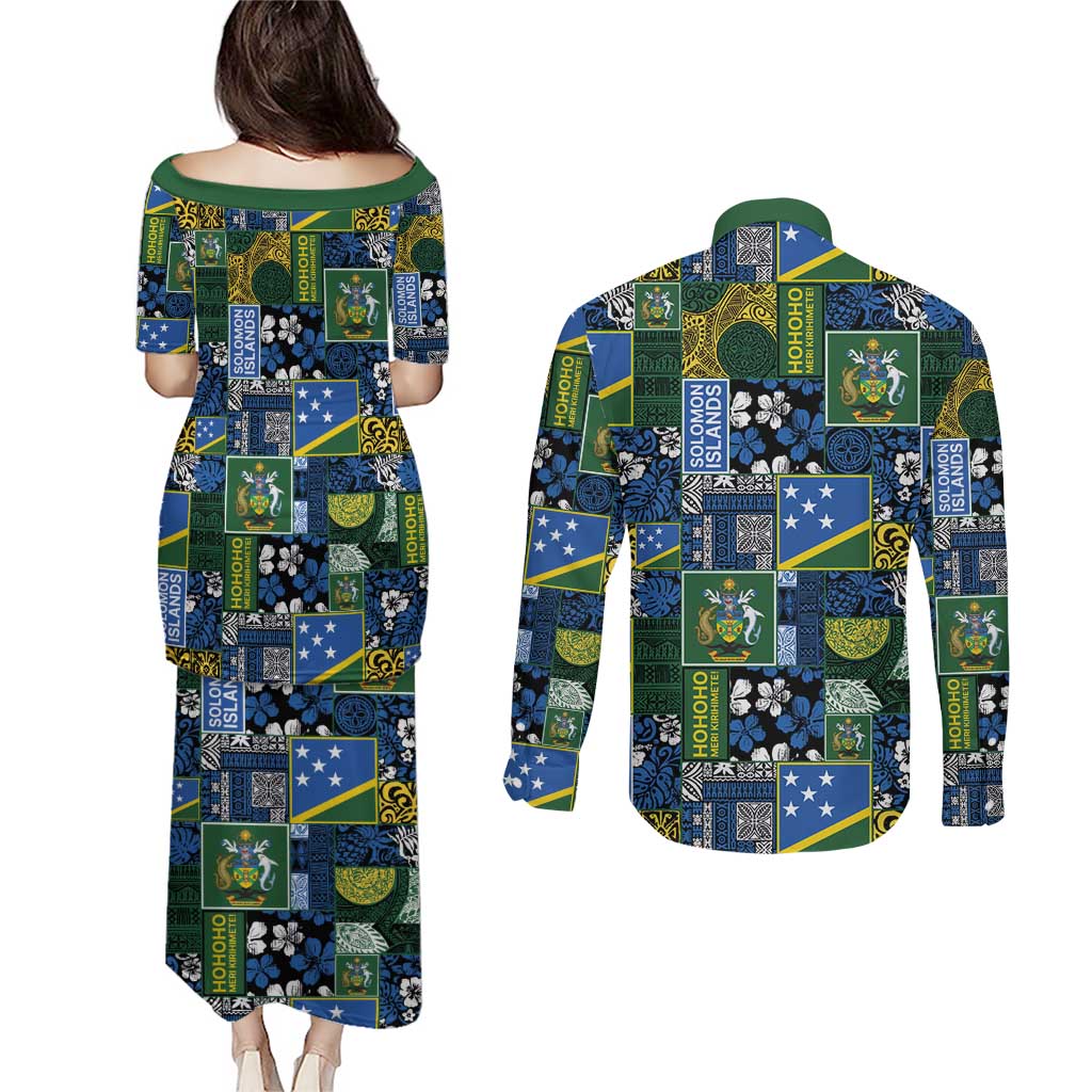 Solomon Islands Meri Kirihimete Couples Matching Puletasi and Long Sleeve Button Shirt Pacific Patchwork Xmas Vibes - Polynesian Pride