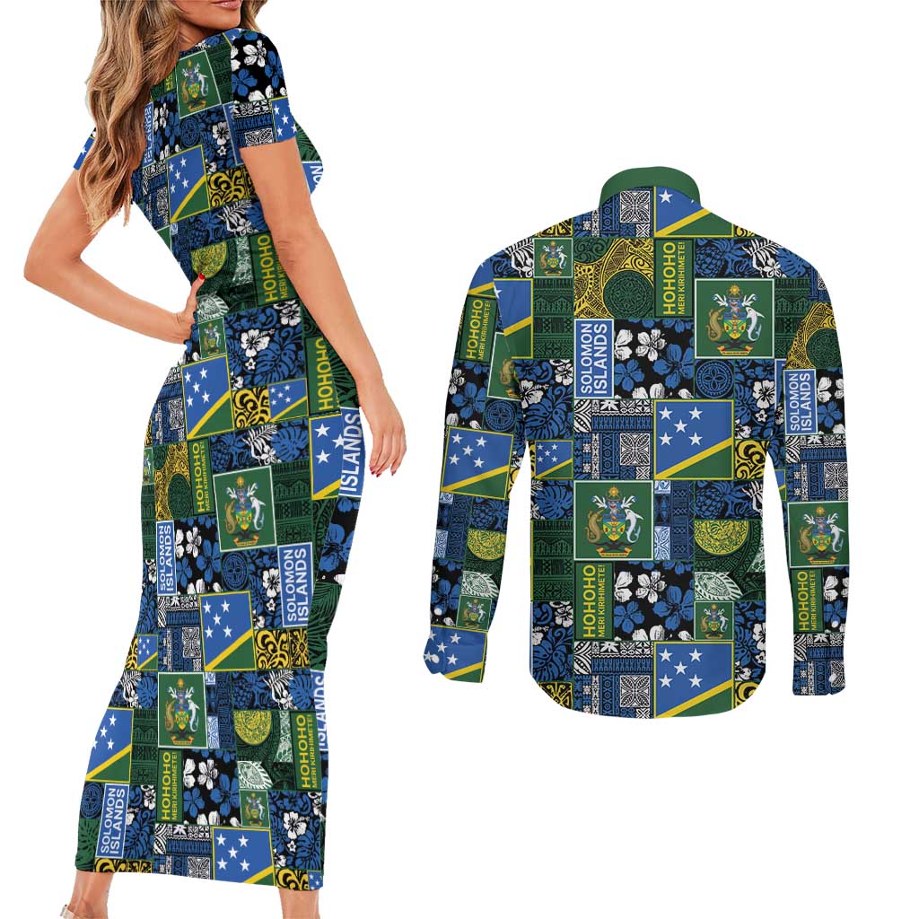 Solomon Islands Meri Kirihimete Couples Matching Short Sleeve Bodycon Dress and Long Sleeve Button Shirt Pacific Patchwork Xmas Vibes - Polynesian Pride