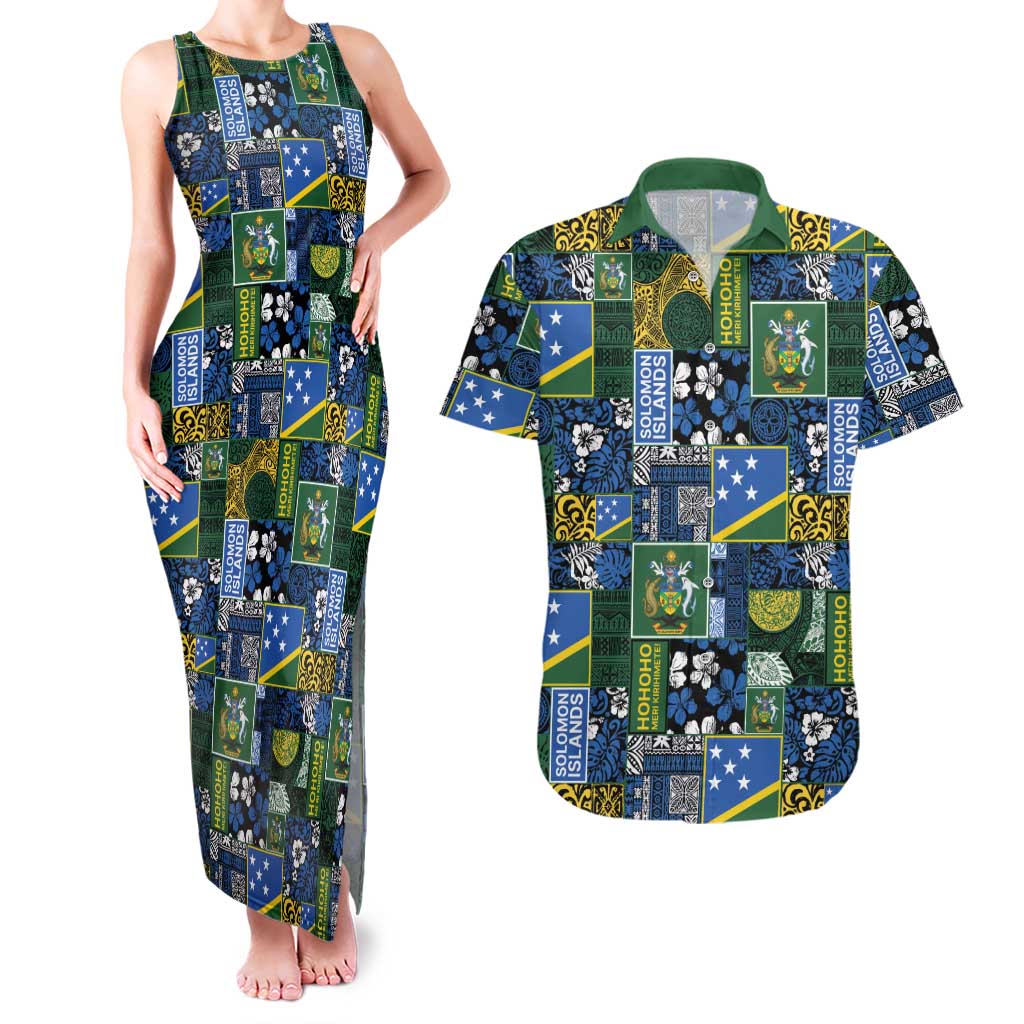 Solomon Islands Meri Kirihimete Couples Matching Tank Maxi Dress and Hawaiian Shirt Pacific Patchwork Xmas Vibes LT9 Blue - Polynesian Pride