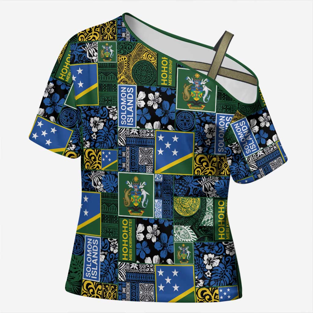 Solomon Islands Meri Kirihimete Cross Shoulder Shirt Pacific Patchwork Xmas Vibes LT9 Female Blue - Polynesian Pride