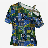 Solomon Islands Meri Kirihimete Cross Shoulder Shirt Pacific Patchwork Xmas Vibes LT9 Female Blue - Polynesian Pride
