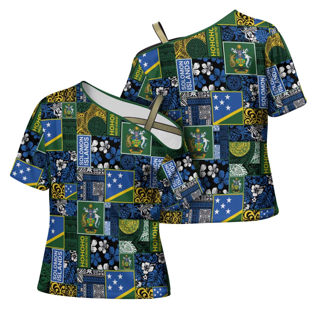 Solomon Islands Meri Kirihimete Cross Shoulder Shirt Pacific Patchwork Xmas Vibes LT9 - Polynesian Pride