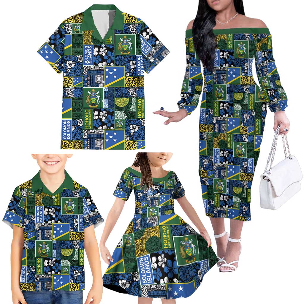 Solomon Islands Meri Kirihimete Family Matching Off The Shoulder Long Sleeve Dress and Hawaiian Shirt Pacific Patchwork Xmas Vibes - Polynesian Pride