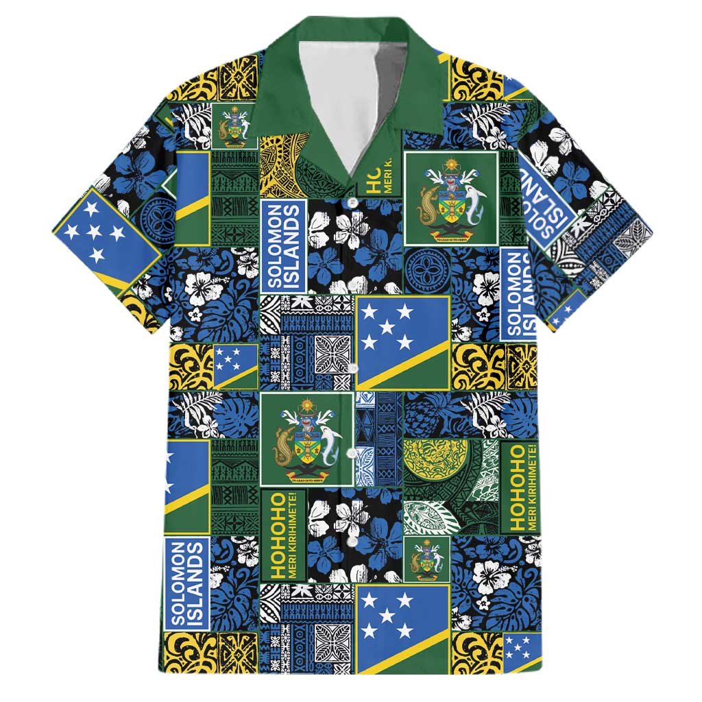 Solomon Islands Meri Kirihimete Family Matching Off The Shoulder Long Sleeve Dress and Hawaiian Shirt Pacific Patchwork Xmas Vibes LT9 Dad's Shirt - Short Sleeve Blue - Polynesian Pride