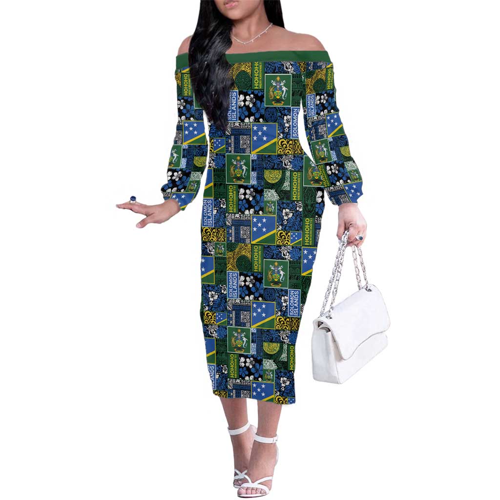 Solomon Islands Meri Kirihimete Family Matching Off The Shoulder Long Sleeve Dress and Hawaiian Shirt Pacific Patchwork Xmas Vibes LT9 Mom's Dress Blue - Polynesian Pride