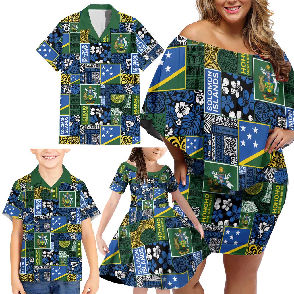 Solomon Islands Meri Kirihimete Family Matching Off Shoulder Short Dress and Hawaiian Shirt Pacific Patchwork Xmas Vibes LT9 - Polynesian Pride