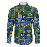Solomon Islands Meri Kirihimete Family Matching Off Shoulder Short Dress and Hawaiian Shirt Pacific Patchwork Xmas Vibes LT9 Dad's Shirt - Long Sleeve Blue - Polynesian Pride