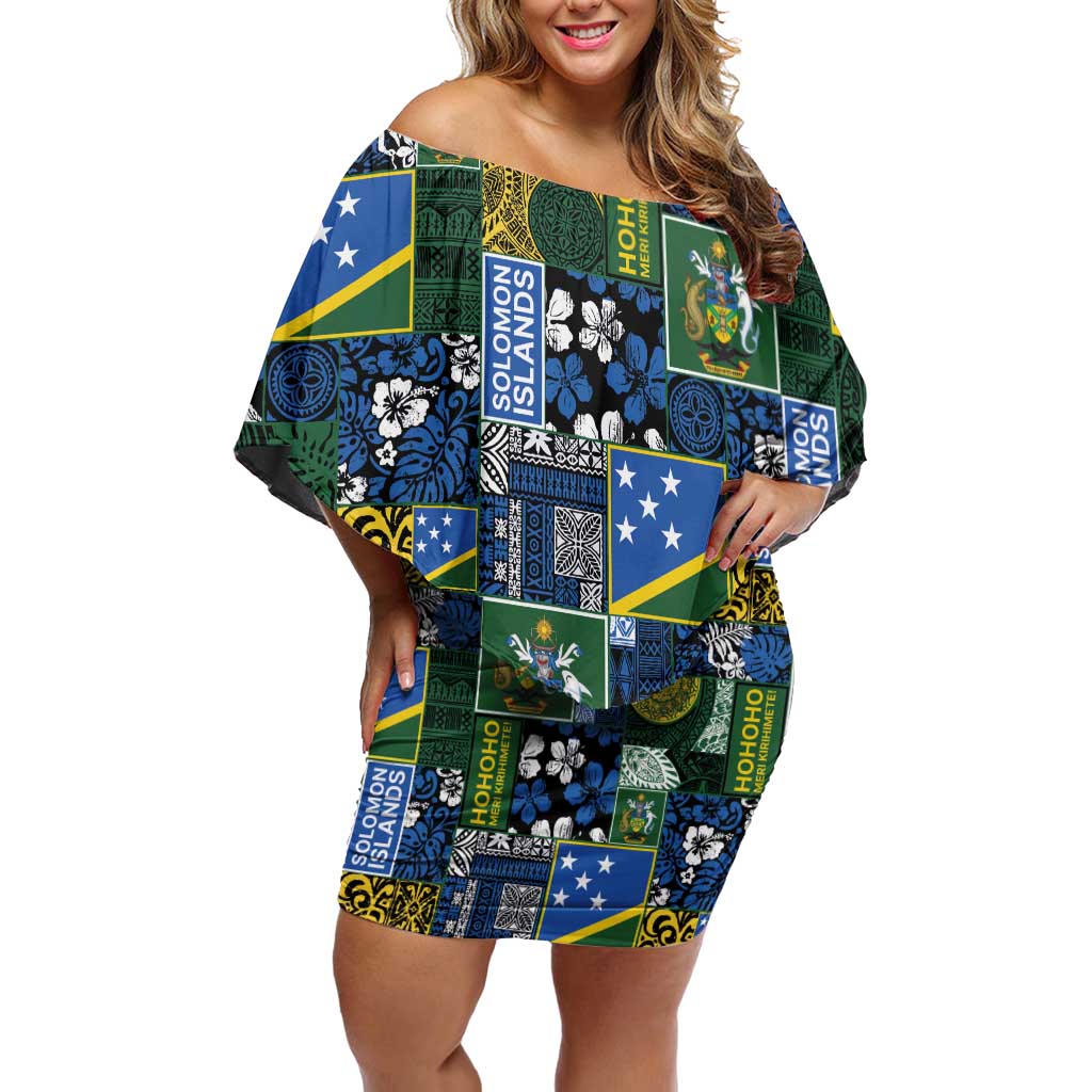 Solomon Islands Meri Kirihimete Family Matching Off Shoulder Short Dress and Hawaiian Shirt Pacific Patchwork Xmas Vibes LT9 Mom's Dress Blue - Polynesian Pride