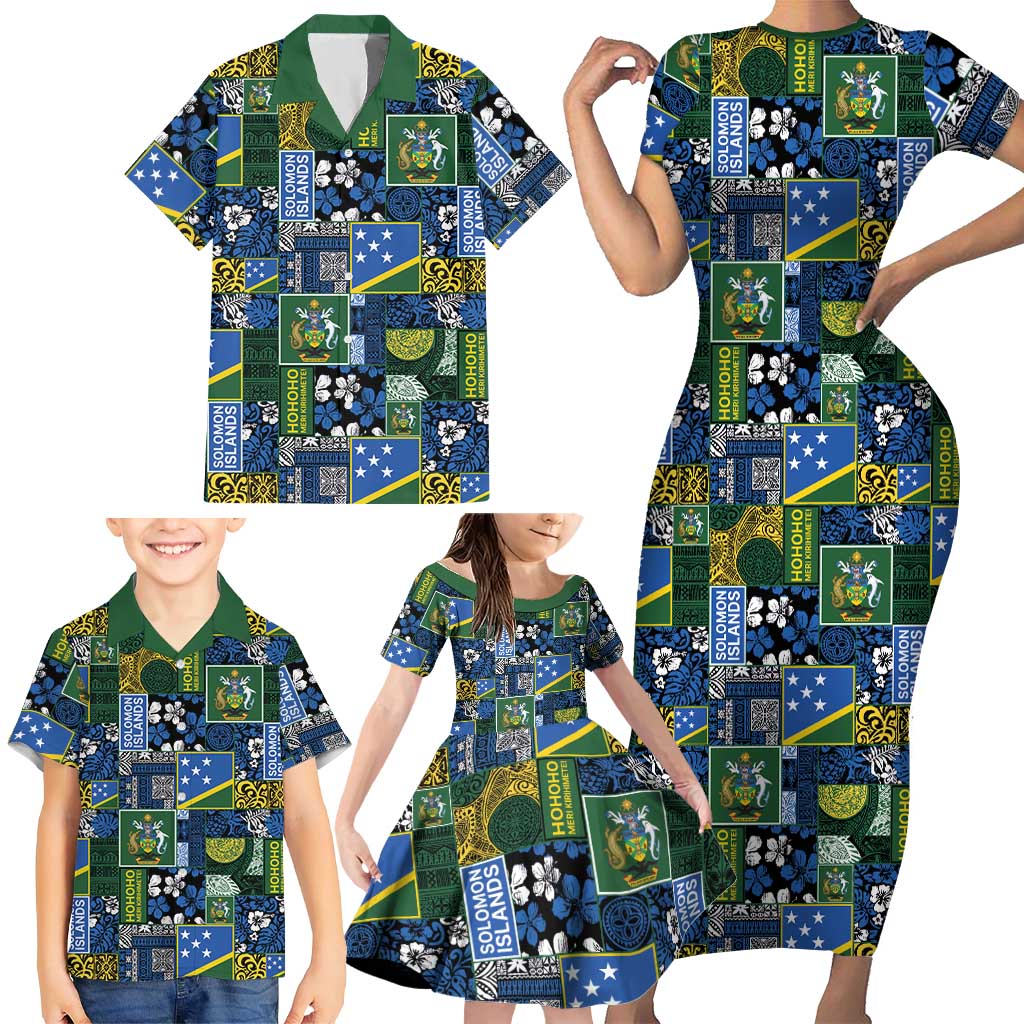 Solomon Islands Meri Kirihimete Family Matching Short Sleeve Bodycon Dress and Hawaiian Shirt Pacific Patchwork Xmas Vibes - Polynesian Pride