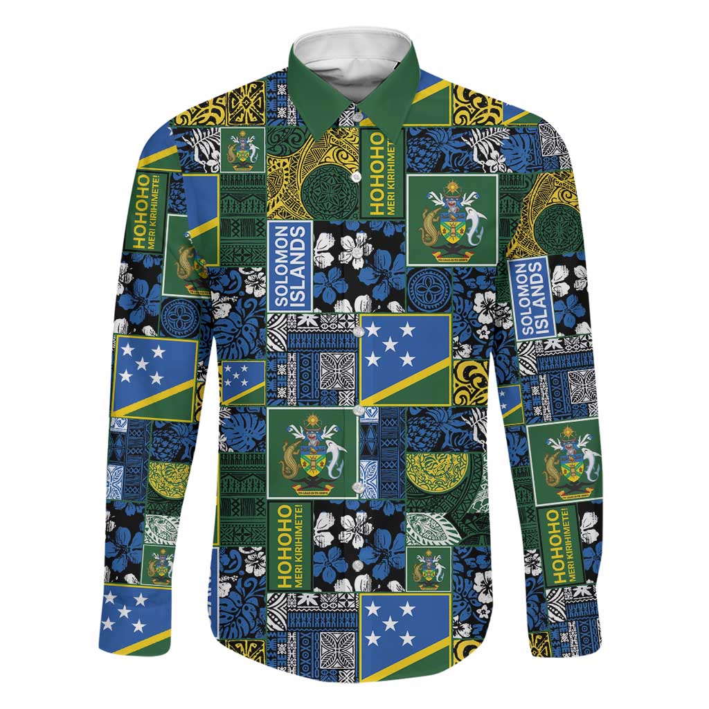 Solomon Islands Meri Kirihimete Family Matching Summer Maxi Dress and Hawaiian Shirt Pacific Patchwork Xmas Vibes LT9 Dad's Shirt - Long Sleeve Blue - Polynesian Pride