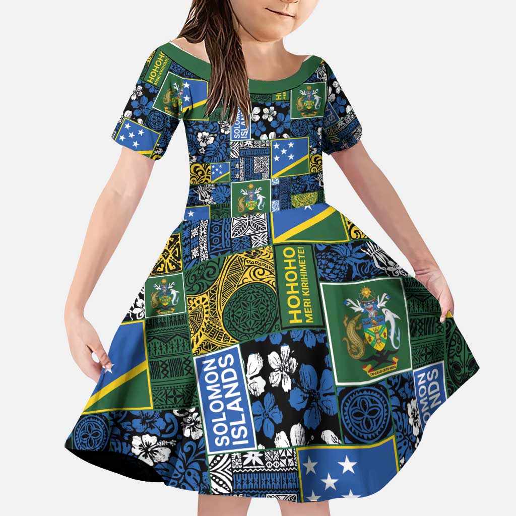 Solomon Islands Meri Kirihimete Family Matching Tank Maxi Dress and Hawaiian Shirt Pacific Patchwork Xmas Vibes LT9 Daughter's Dress Blue - Polynesian Pride