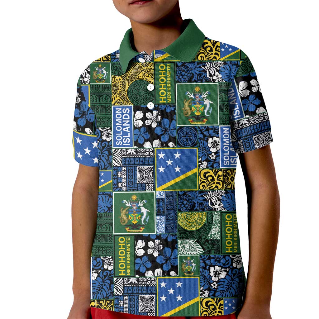 Solomon Islands Meri Kirihimete Kid Polo Shirt Pacific Patchwork Xmas Vibes - Polynesian Pride