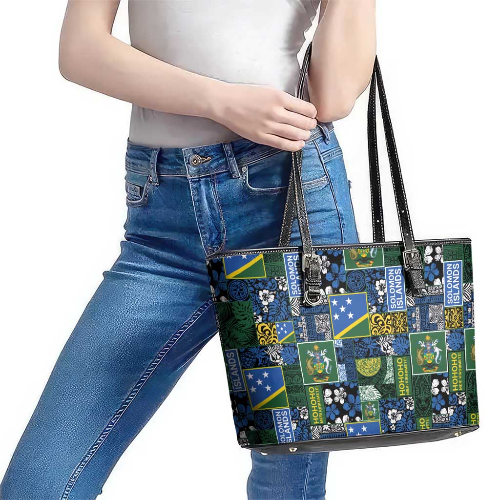 Solomon Islands Meri Kirihimete Leather Tote Bag Pacific Patchwork Xmas Vibes - Polynesian Pride