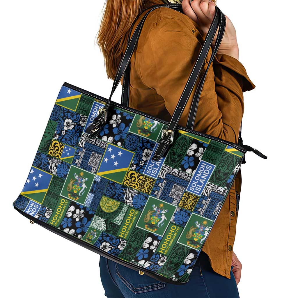 Solomon Islands Meri Kirihimete Leather Tote Bag Pacific Patchwork Xmas Vibes - Polynesian Pride